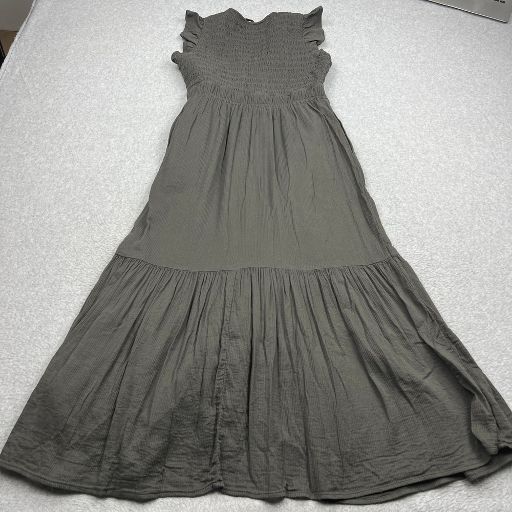 Quince Dress Womens Medium Charcoal Organic Textured Cotton Smocked V-Neck Midi - Picture 9 of 11